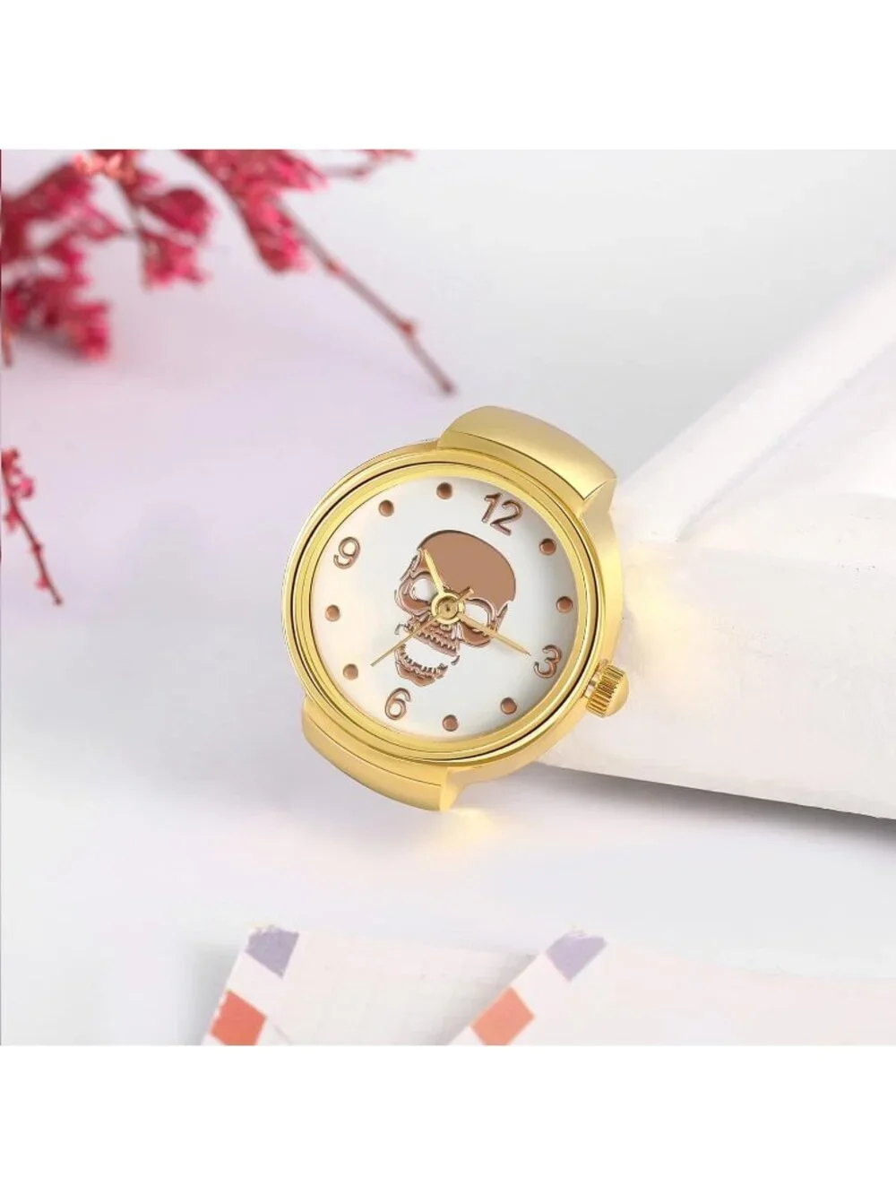 Unisex Gold Analog Quartz Plated Elastic Skull Simple Round Finger Ring Watch